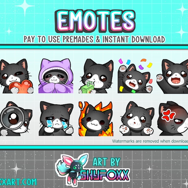 Black and White Cat Premade Emote Pack (RECOLORS AVAILABLE) Digital Files for Twitch and Discord Twitch Custom Emotes and Badges