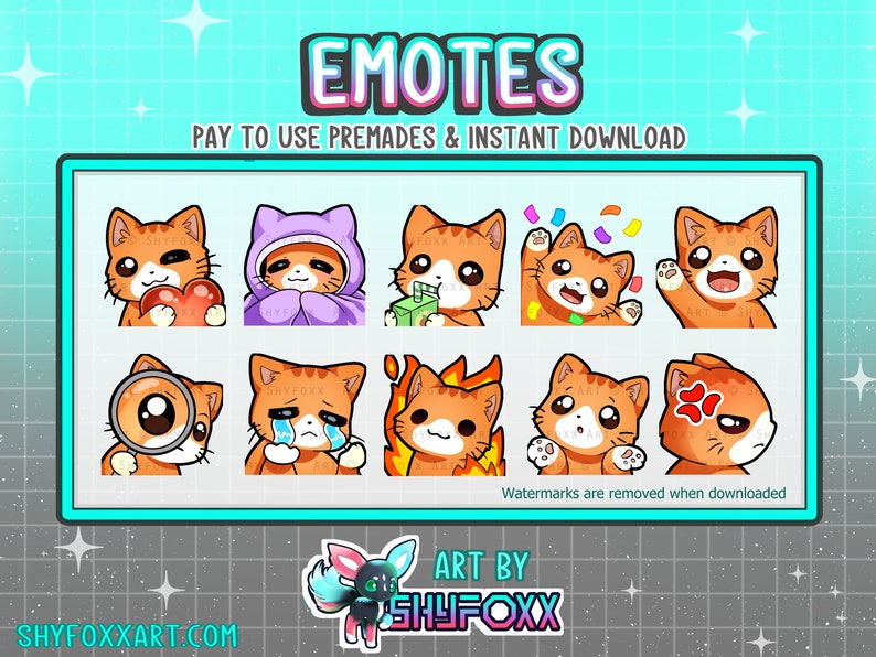 May include: A set of nine orange cat emotes with different expressions, including heart eyes, crying, and angry. The emotes are on a blue and white grid background with the text "EMOTES" and "PAY TO USE PREMADES & INSTANT DOWNLOAD".