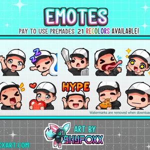 Puede incluir: Un conjunto de nueve emoticonos de dibujos animados que presentan un personaje con diferentes expresiones. Los emoticonos están en un formato de cuadrícula con un fondo blanco. Los emoticonos incluyen expresiones como dormir, hype y comer pizza. El texto "EMOTES" está en la parte superior de la imagen y el texto "PAY TO USE PREMADES 21 RECOLORS AVAILABLE!" está debajo. El texto "HYPE" está en el centro de la imagen. El texto "Watermarks are removed when downloaded" está en la parte inferior de la imagen. El texto "ART BY SHYFOXX" está en la parte inferior de la imagen. El texto "SHYFOXXART.COM" está en la parte inferior de la imagen.