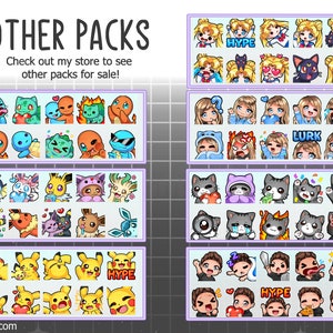 May include: A collection of digital sticker packs featuring various characters and designs. The packs include characters like a cat, a girl with blonde hair, a Pokemon, and a character with a crown. The text "HYPE" and "LURK" are visible in the image.