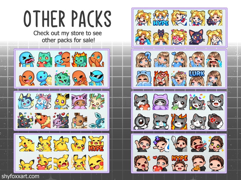 May include: A collection of digital sticker packs featuring various characters and designs. The packs include characters like a cat, a girl with blonde hair, a Pokemon, and a character with a crown. The text "HYPE" and "LURK" are visible in the image.