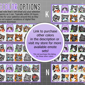 May include: A set of 5 different color variations of a cat emote with different expressions. The cat is wearing a purple hooded cloak. The emotes include a cat holding a heart, a cat crying, a cat with a fire on its head, a cat holding money, and a cat with confetti. The text on the image reads "RECOLOR OPTIONS" and "Link to purchase other colors in the description or visit my store for more available emote sets! *Do not purchase this listing for these other colors"
