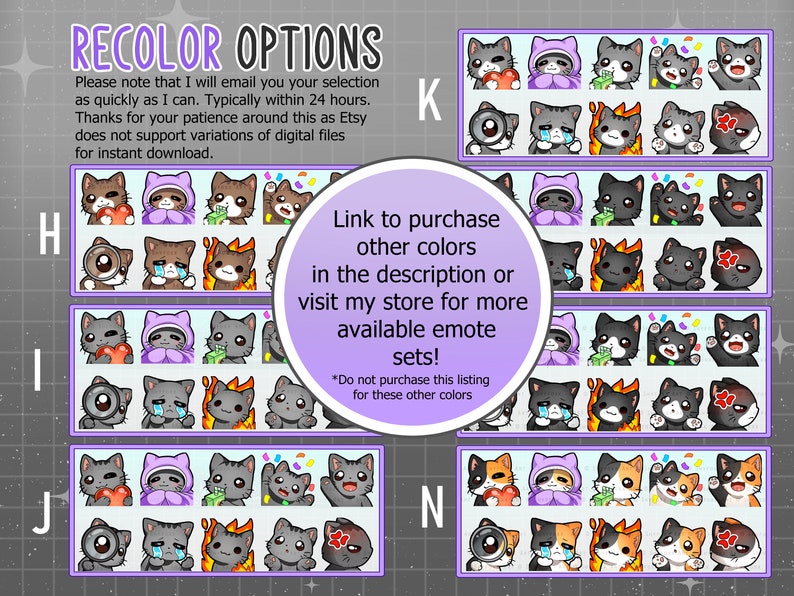 May include: A set of 5 different color variations of a cat emote with different expressions. The cat is wearing a purple hooded cloak. The emotes include a cat holding a heart, a cat crying, a cat with a fire on its head, a cat holding money, and a cat with confetti. The text on the image reads "RECOLOR OPTIONS" and "Link to purchase other colors in the description or visit my store for more available emote sets! *Do not purchase this listing for these other colors"