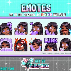 Black Hair Purple Girl Chibi Emote Pack Premade for Twitch and Discord Download Digital Files Twitch Custom Emotes and Badges Artist