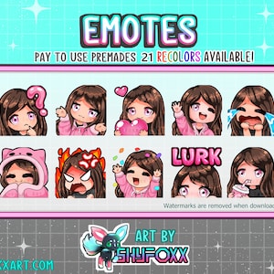 Brunette Pink Girl Chibi Emote Pack Premade for Twitch and Discord Download Digital Files Twitch Custom Emotes and Badges Artist