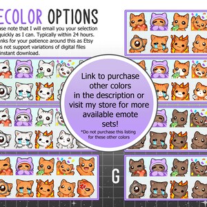 May include: A set of 9 different cat emoticons in various colors. The emoticons include a cat with a heart, a cat wearing a hooded robe, a cat holding money, a cat with confetti, a cat with a magnifying glass, a cat crying, a cat with fire, a cat with a party hat, and a cat with a flower. The emoticons are arranged in a grid of 3 rows and 3 columns. The text "Link to purchase other colors in the description or visit my store for more available emote sets! *Do not purchase this listing for these other colors" is also included in the image.