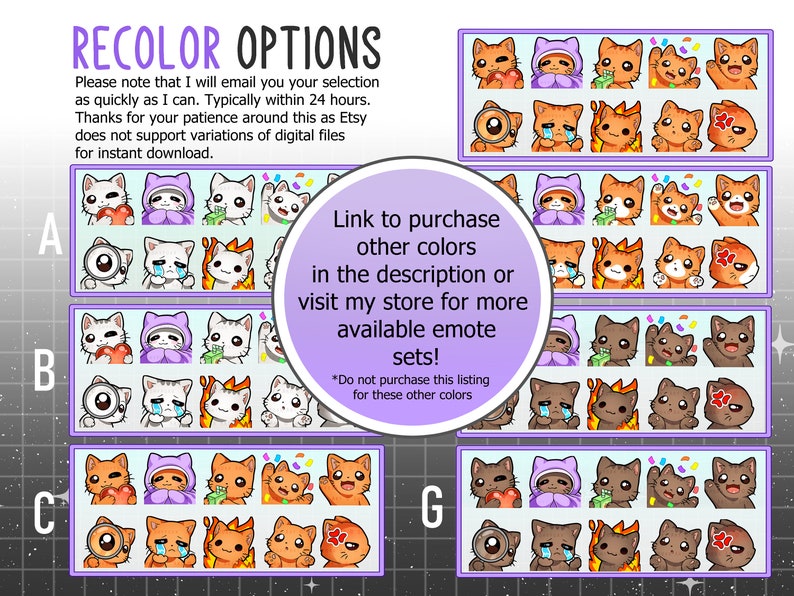 May include: A set of 9 different cat emoticons in various colors. The emoticons include a cat with a heart, a cat wearing a hooded robe, a cat holding money, a cat with confetti, a cat with a magnifying glass, a cat crying, a cat with fire, a cat with a party hat, and a cat with a flower. The emoticons are arranged in a grid of 3 rows and 3 columns. The text "Link to purchase other colors in the description or visit my store for more available emote sets! *Do not purchase this listing for these other colors" is also included in the image.