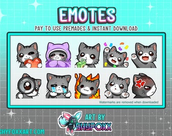 May include: A collection of gray cat emotes with various expressions, including holding a heart, wearing a purple hood, and waving. The text "EMOTES" and "PAY TO USE PREMADES & INSTANT DOWNLOAD" are displayed. The artist's name is "SHYFOXX".