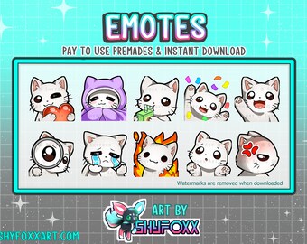 May include: A set of nine digital cat emotes with various expressions, including heart eyes, crying, and angry. The emotes are designed in a cartoon style with white fur and black eyes. The text "EMOTES" is at the top of the image, and the text "PAY TO USE PREMADES & INSTANT DOWNLOAD" is below it. The text "SHYFOXXART.COM" is at the bottom left of the image, and the text "ART BY SHYFOXX" is at the bottom right of the image.