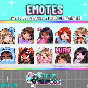Chibi Girl Premade Emote Pack RECOLORS in Pink Purple & Blue for Twitch and Discord Download Digital Files Twitch Custom Emotes Artist