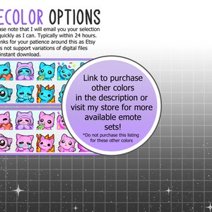 May include: A digital illustration of a cat with different expressions. The cat is wearing a hooded sweatshirt and has a heart, money, and fire in its paws. The image includes the text "RECOLOR OPTIONS" and "Link to purchase other colors in the description or visit my store for more available emote sets! *Do not purchase this listing for these other colors".
