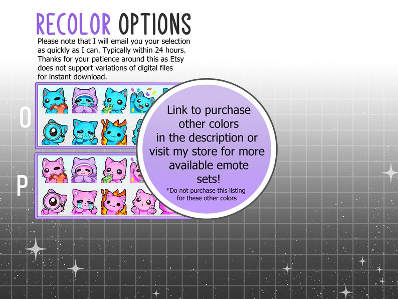 May include: A digital illustration of a cat with different expressions. The cat is wearing a hooded sweatshirt and has a heart, money, and fire in its paws. The image includes the text "RECOLOR OPTIONS" and "Link to purchase other colors in the description or visit my store for more available emote sets! *Do not purchase this listing for these other colors".
