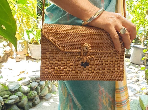 Sac bandouli re tiss en rotin sac tas ata rectangle sac Bali