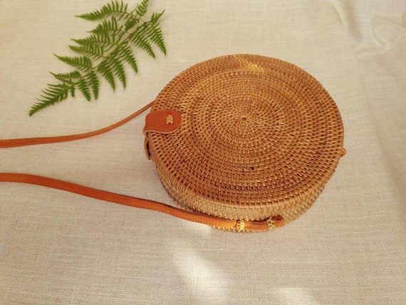 Rattan Woven Brown Circle Shoulder Bag Round Natural Straw - Etsy