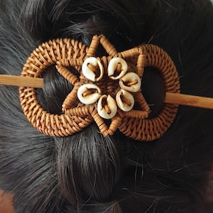 Natural Hair bars, organic hair pin, hair clips, set of 5 rattan hair accessories, handmade woven from wicker & shells. Beach hair gifts.