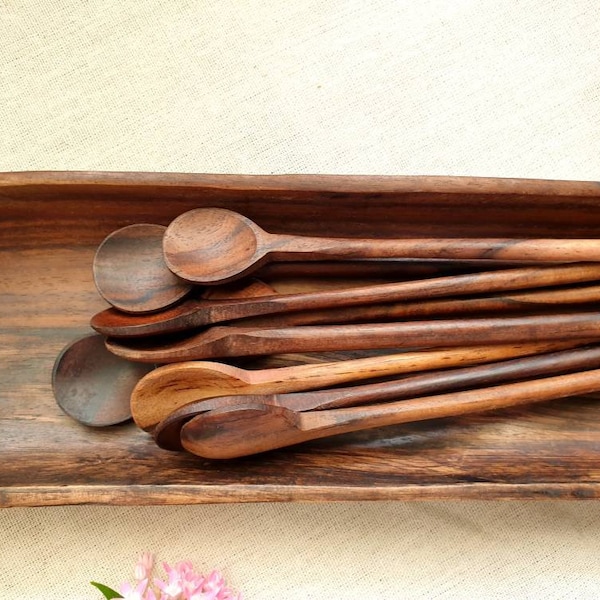 Set of 9 long stemmed wood drink stirrers, juice or smoothie spoons,  natural home decor pack nine long wooden teaspoons for coffee lovers.