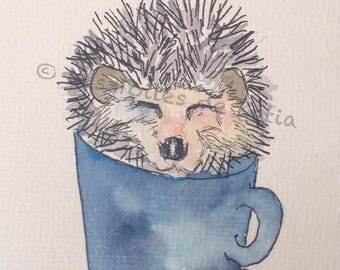 This is my cup of tea, little hedgehog. Watercolor postcard size 10 X 15