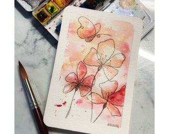 Original watercolor illustration on paper Golden butterfly and pink colored flowers. Size 10x15