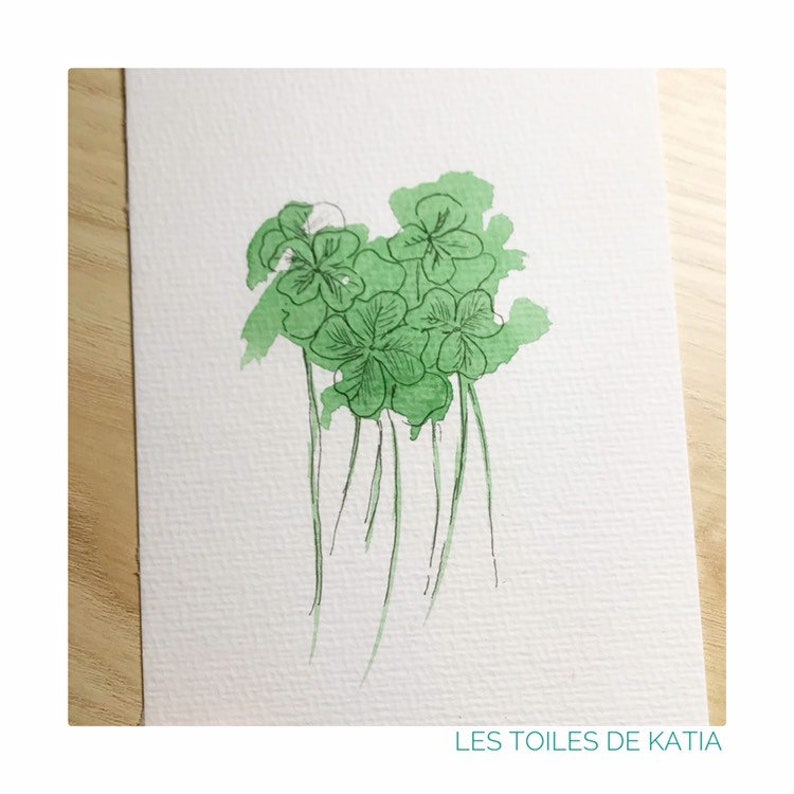 Illustration Watercolor Clover Luck Flower Handmade Card 10 X 15