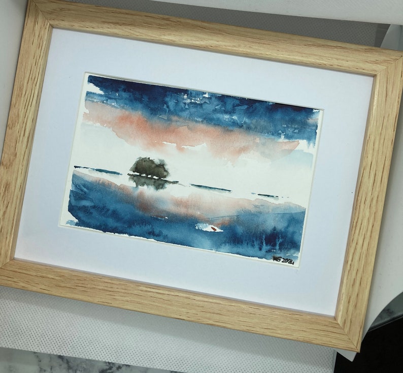 Aquarelle originale format 10x15.Reflets d'arbre dans l'eau. Aquarelle décorative. image 1