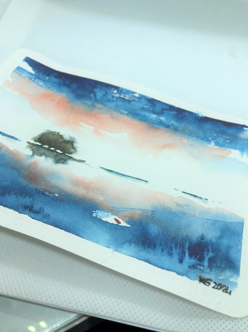 Original-Aquarell im Format 10x15. Baumreflexionen im Wasser. Dekoratives Aquarell. Bild 7