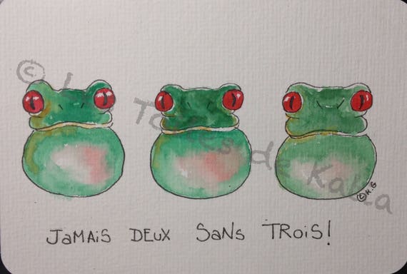 Threes Green Frogs Watercolor Card Postcard 10 X 15