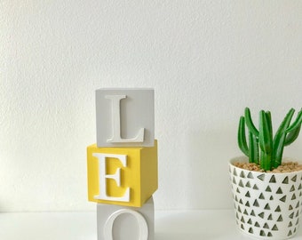 Custom Mustard And Yellow Nursery Decor Accessories For Baby, Personalised Name Blocks and Cubes, Gender Neutral New Baby Gift