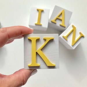 Custom Mustard And Yellow Nursery Decor Accessories For Baby, Personalised Name Blocks and Cubes, Gender Neutral New Baby Gift image 5