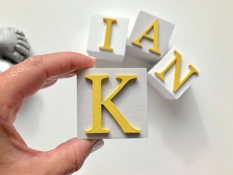 Custom Mustard And Yellow Nursery Decor Accessories For Baby, Personalised Name Blocks and Cubes, Gender Neutral New Baby Gift image 5