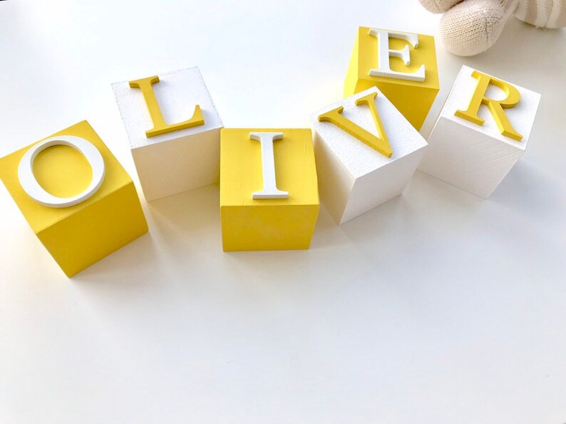 Custom Mustard And Yellow Nursery Decor Accessories For Baby, Personalised Name Blocks and Cubes, Gender Neutral New Baby Gift image 4