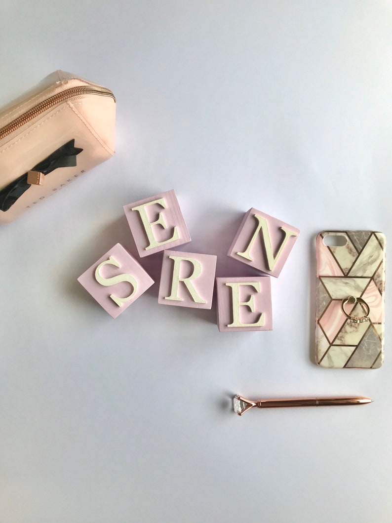 Pink and white 5cm wooden name blocks for babies and children.