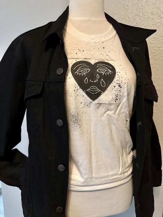 Embroidered sad face heart t shirt