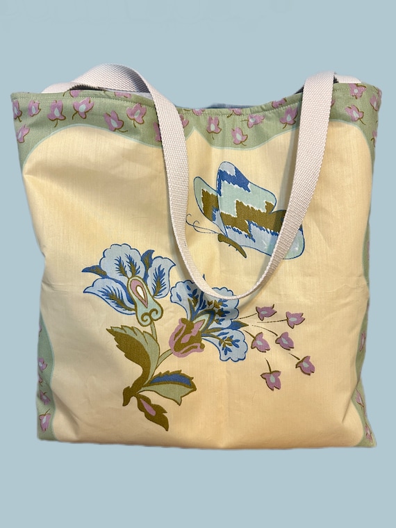 Upcycled cut and sew vintage pillow panels tote bag with cotton webbing straps