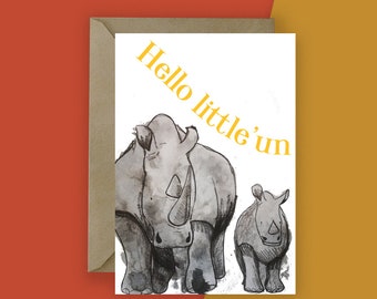 Rhino Greeting card Hello Little 'un! //  New Baby Card // Animal Good buy Cards // Illustrated Card // Animal Card // Blank card