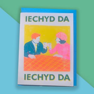 Impresión de tarjeta de felicitación A6 de iechyd da Risograph // Tarjeta de buenos días galesa
