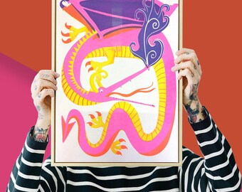 Pink Dragon Risograph Print: Whimsical Mythology Art