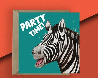 Zebra Birthday Card 'Its Party Time' // Animal Birthday Cards // Illustrated Card // Animal Card