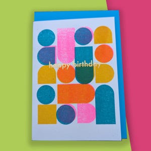 Gelukkige verjaardag risograph en hot Foiled-wenskaarten // Moderne kaart uit het midden van de eeuw // Bauhaus