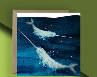 Narwhal Greetings Card  // Blank Card // Marine life Card// Illustrated Blank Card // Animal Card // Animal Birthday card