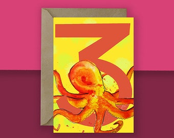 3rd Three Year Octopus Birthday Greetings Card// Animal Birthday Cards // Illustrated Card // Animal Card