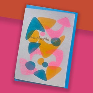 Penblwydd hapus Biglietti d'auguri Risograph e Hot Foiled // Biglietto Mid Century Modern // Biglietto di compleanno gallese
