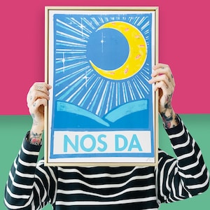 Nos Da Risograph A3 Print // Good Night welsh Print // Welsh Wall Art image 1