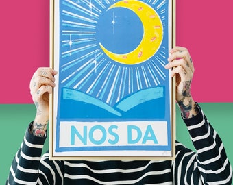 Nos Da Risograph A3 or A4 Print // Good Night Welsh Art // Welsh Wall Art
