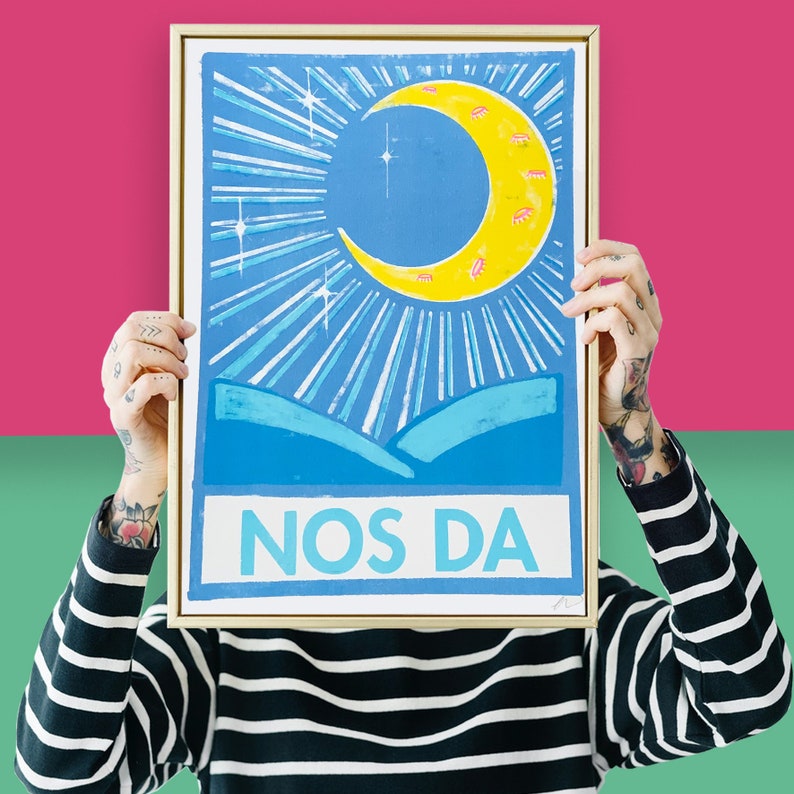 Nos Da Risograph A3 Print // Good Night welsh Print // Welsh Wall Art image 1