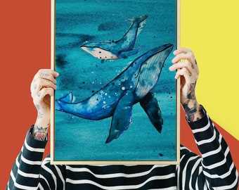 Whale Print //  Sea Ocean  Nursery Animal // Whale Wall Art // Nursery Whale Print // Whale Illustration Giclee Print A3 or A4