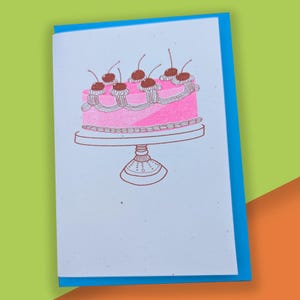 Biglietto di auguri risografico con torta di compleanno // Biglietto moderno di metà secolo