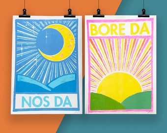 Bore Da and Nos Risograph A3 Prints set  // Good Morning Good Night Welsh Prints // Welsh Wall Art // Bora Da Nos Da