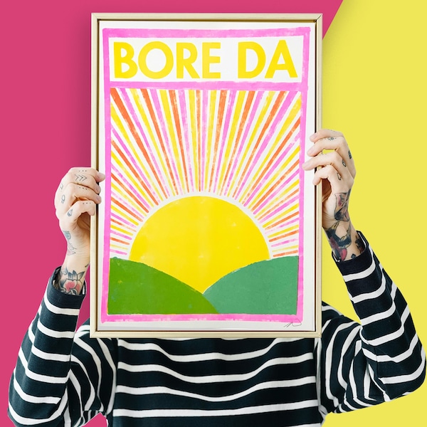 Bore Da Risograph A3 or A4 Print // Good Morning Welsh Art // Welsh Wall Art
