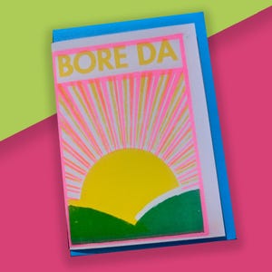 Impresión de tarjeta de felicitación A6 de Bore Da Risograph // Tarjeta de buenos días galesa