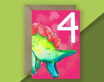 4th Four Year Stegosaurus Dinosaur Birthday Greetings Card // Animal Birthday Cards // Illustrated Card // Animal Card
